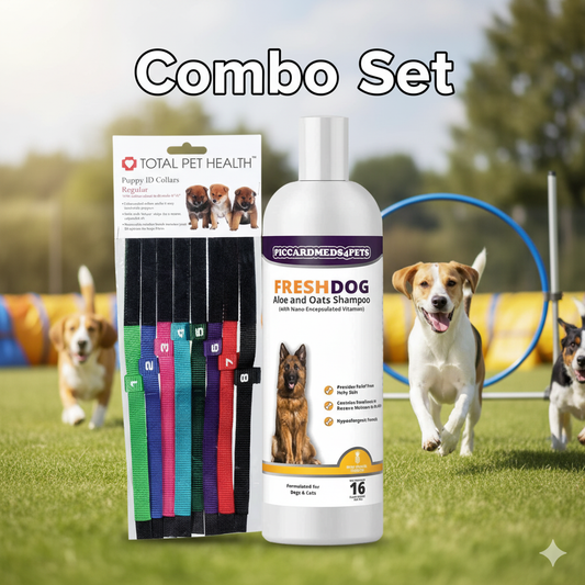 Piccardmeds4pets Aloe Oats Dog Shampoo + Total Pet Health Puppy ID Collars 8-Pack Combo
