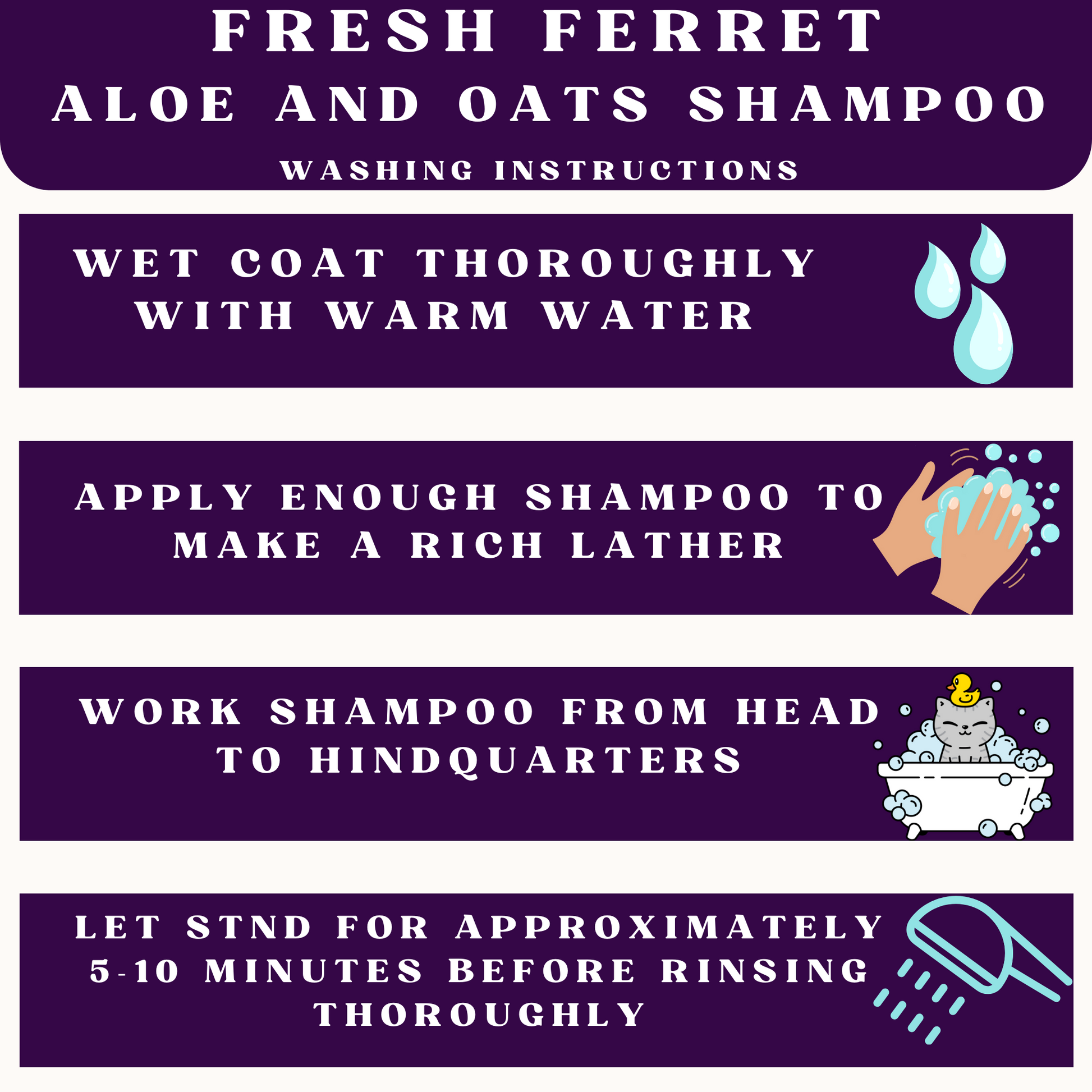 Instructions for using Fresh Ferret Aloe and Oats Shampoo on a purple background