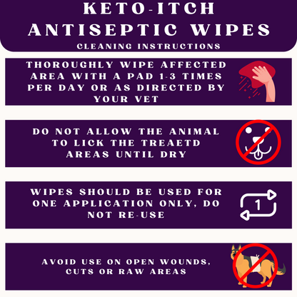 Instructions for using keto-itch antiseptic wipes on a purple background