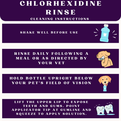Instructions for using chlorhexidine rinse on a purple background