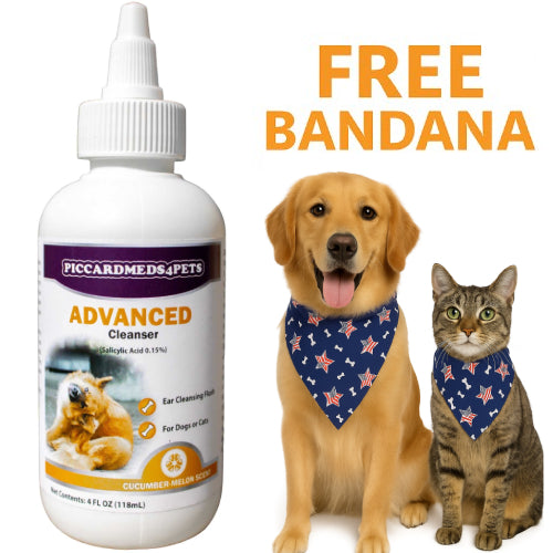 Pet product bottle with a dog and cat wearing bandanas, and text 'Free Bandana'.
