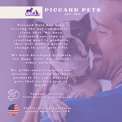 Advertisement for Piccard Pets with a man and dog on a purple background