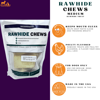 Package of rawhide chews for dogs with product details on a white background